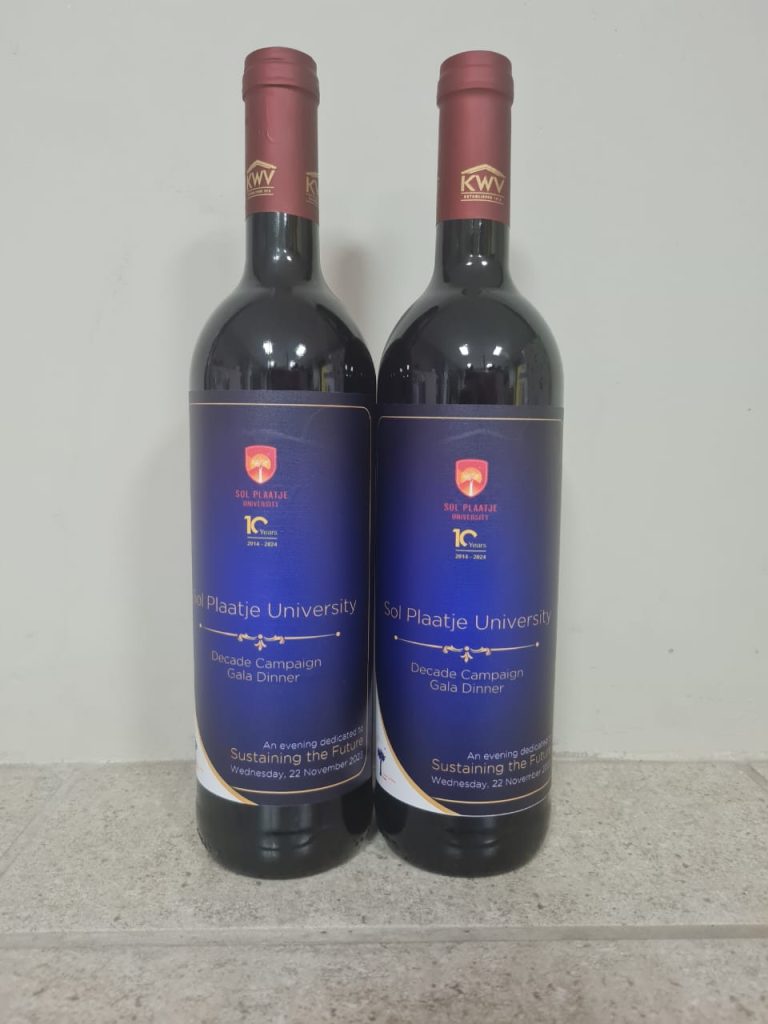 Wine bottle branding for a Gala dinner for Sol Plaatje University
